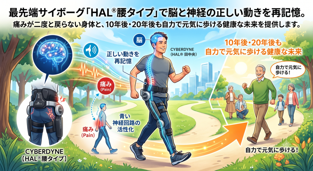 最先端サイボーグ「HAL®腰タイプ」で脳と神経の正しい動きを再記憶。痛みが二度と戻らない身体と、10年後・20年後も自力で元気に歩ける健康な未来を提供します。